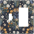 Boho Leaf Floral Navy Blue Background 2 Gang Single Toggle Rocker Combination Light Switch Covers Wall Plate Cover Electrical Faceplate Decorative Switchplate for Farmhouse Bedroom Bedroom Decor