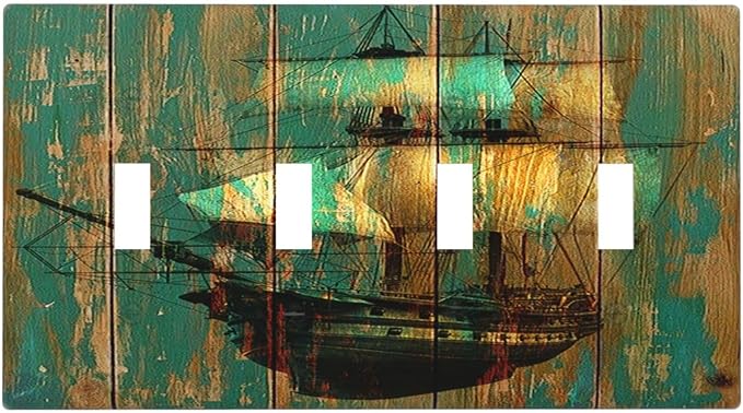 Light Switch Covers Rustic Green Wood Grain Sailboat Quad Toggle 4 Gang Wall Plate Electrical Faceplate Decorative Switch Plates for Farmhouse Bedroom Decor