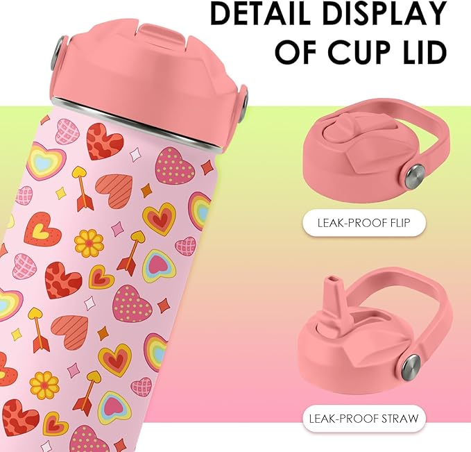 Heart Gifts for Kids - 16 Oz Kids Water Bottle with Straw Lid, Stainless Steel Insulated Tumbler, Leak Proof, BPA-Free, for Girls, School, Travel - Heart Pattern Children Birthday Gifts Cups(1pc)