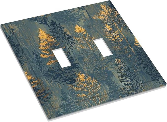 Decorative Switch Plate Cover with Golden Trees & Abstract Gradient Forest Landscape Design 2 Gang Wall Plate Unique Double Toggle Double Light Switch Covers for Blue Retro Home Decor