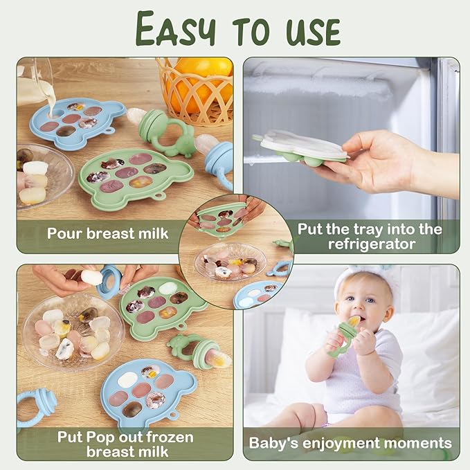 Baby Breastmilk Popsicle Molds & Baby Fruit Feeder (6 Pack), WAJIAYON Infant Food Freezer Tray Storage Containers, Silicone Teething Pacifier Feeder and Teether for Babies,Babies Feeder