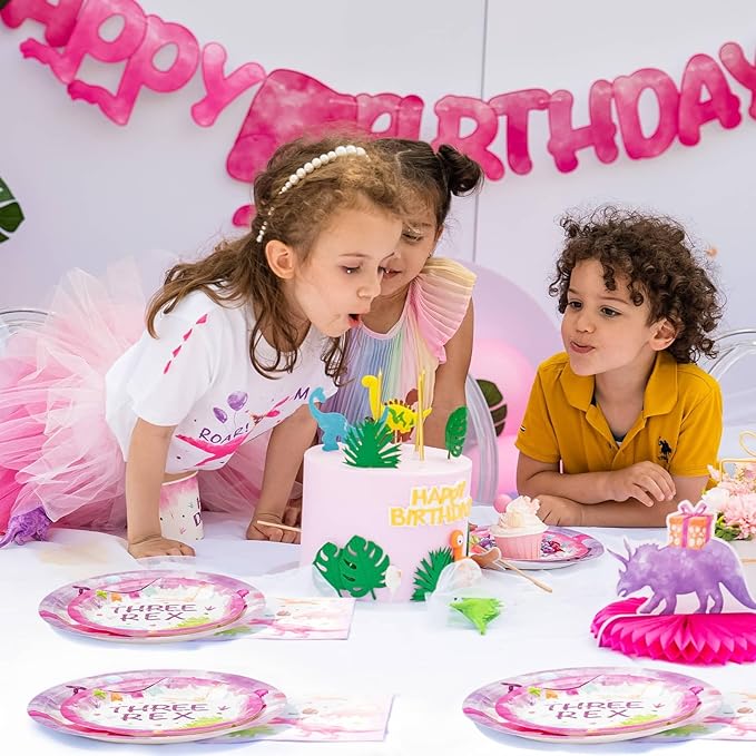 WERNNSAI Three Rex Birthday Decorations - 48 PCS 3rd Plates and Napkins Pink Dinosaur Birthday Decorations Dino Party Supplies Dinosaur Party Favors for Girls Serves 16 Guests