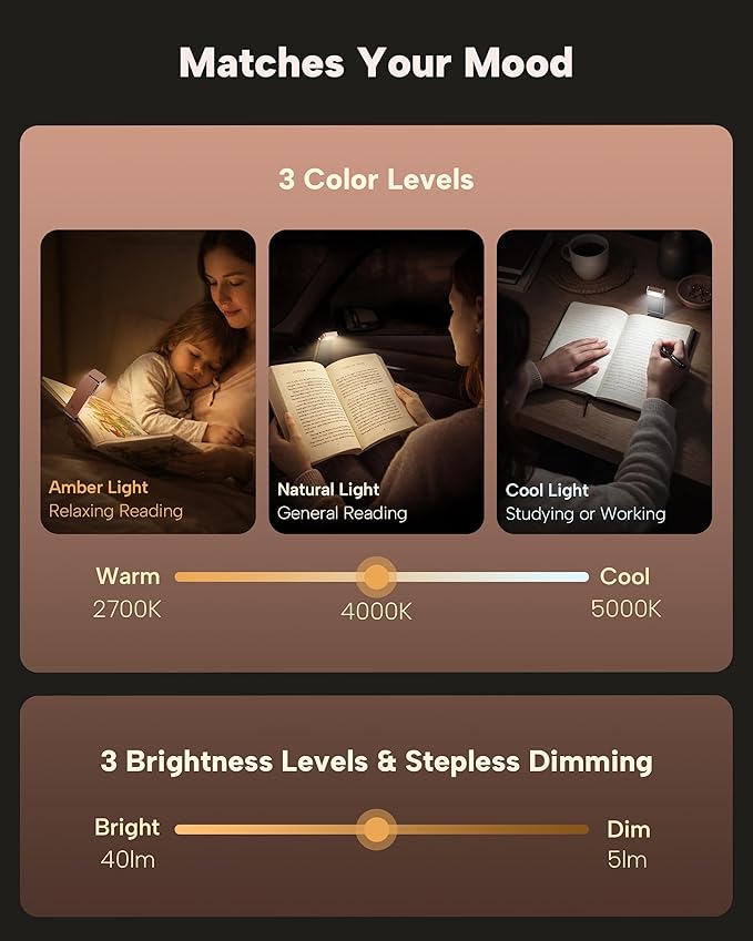 86lux Book Light, Rechargeable Clip-On LED Reading Light for Bed & Night Use - 3 Color Temperatures with Stepless Dimming, Ultralight Bookmark Design for Kids, Book Lovers, Pink Brown