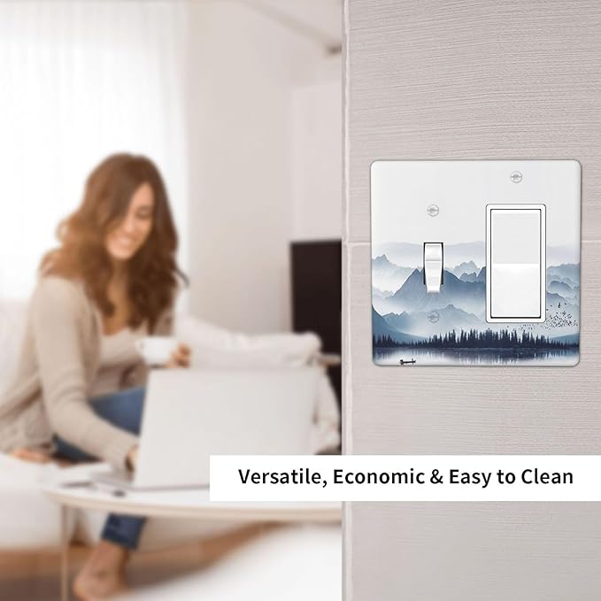 Outlet Covers Mountain Foggy Lake Boat Grey Blue Forest Birds 1 Toggle 1 Rocker Combination Decorative Wall Plate Light Switch Cover Plate Electrical Switch Plates for Bedroom living Room
