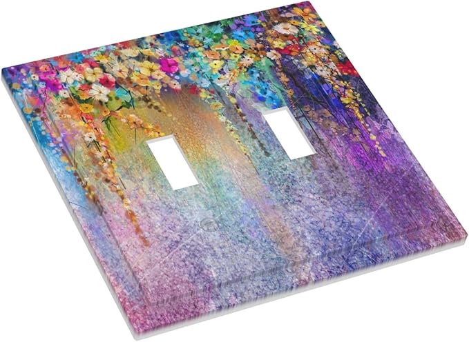 Colorful Floral Watercolor Flower Double Toggle Light Switch Cover Decorative Purple Garden 2 Gang Wall Plate Electrical Faceplate Switchplate for Farmhouse Bathroom Bedroom Living Room Decor