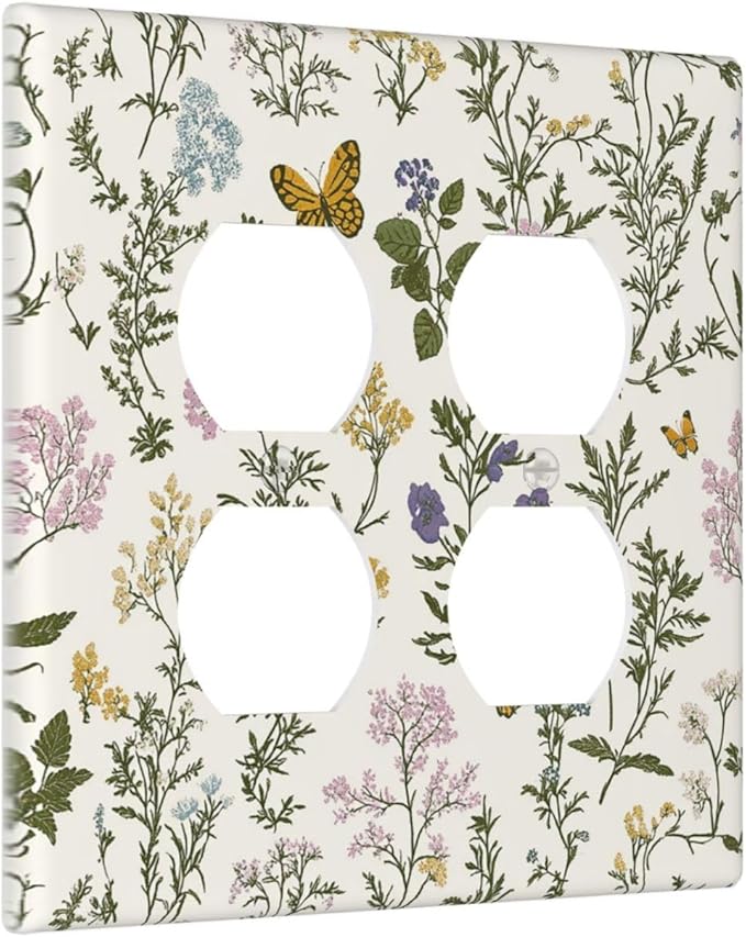 Outlet Covers Vintage Colorful Flowers Butterfly Floral 2 Gang Double Duplex Decorative Light Switch Covers Electrical Wallplates Socket Faceplate For Bed Room Living Room Decor