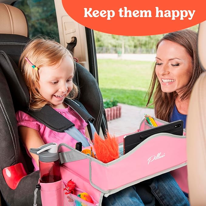 PILLANI Kids Travel Tray for Car Seat - Carseat Tray w/ iPad Holder & Dry Erase Board, Road Trip Activities - Toddler Lap Desk Organizer for Airplane - Roadtrip & Travel Essentials - Pack of 2, Pink