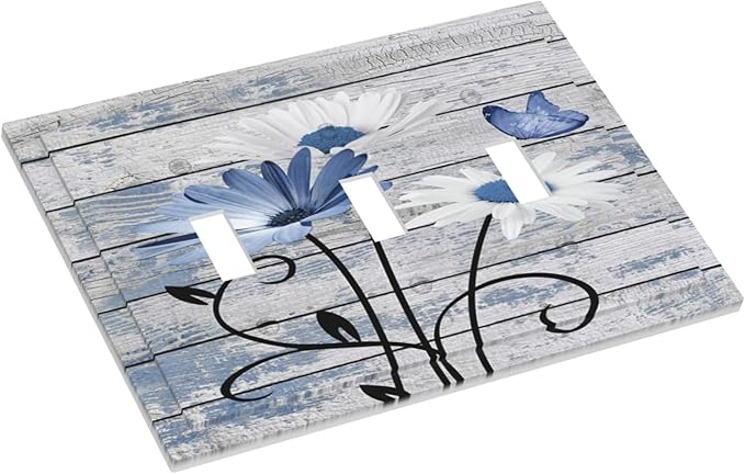 Blue White Daisy Flower Butterfly Rustic Wood Board Decorative Switch Plates 3 Gang Wall Plate Triple Toggle Light Switch Cover Faceplate Electrical Wall Panels for Farmhouse Bedroom Decor