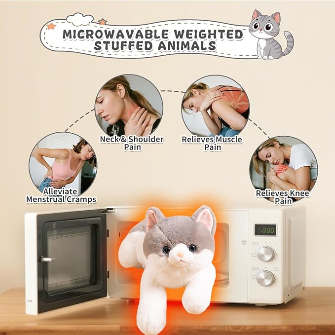 SNOWOLF Microwavable Weighted Stuffed Animals Cat, Heating Pad Plushies Grey Cat, Heated Plush Toy with Himalayan Salt for Warmth & Comfort, Cute Soft Kitten Doll Gift for Boys, Girls, Women, 1.5 LBs