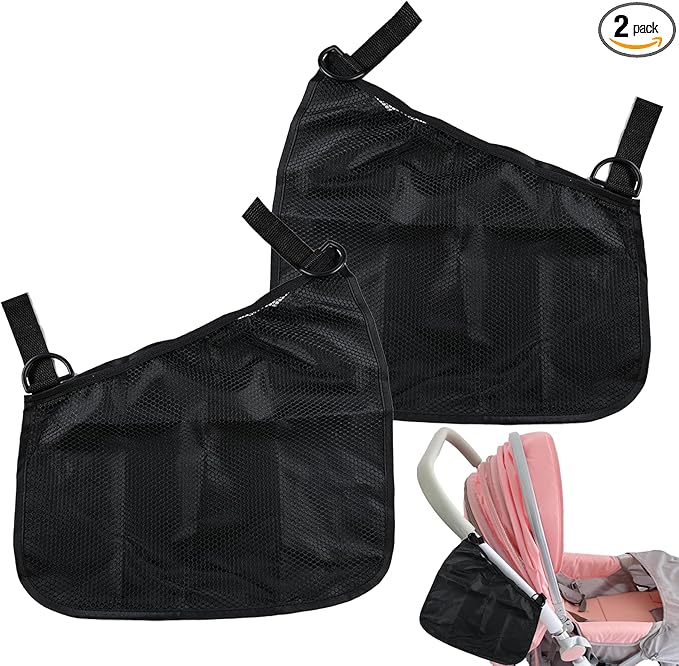 2PCS Universal Side Sling Stroller Cargo Net,Portable Storage Mesh Bag,Stroller Storage Organizer Bag,Non-Slip and Adjustable Straps Side Sling Mesh Organizer(Black)