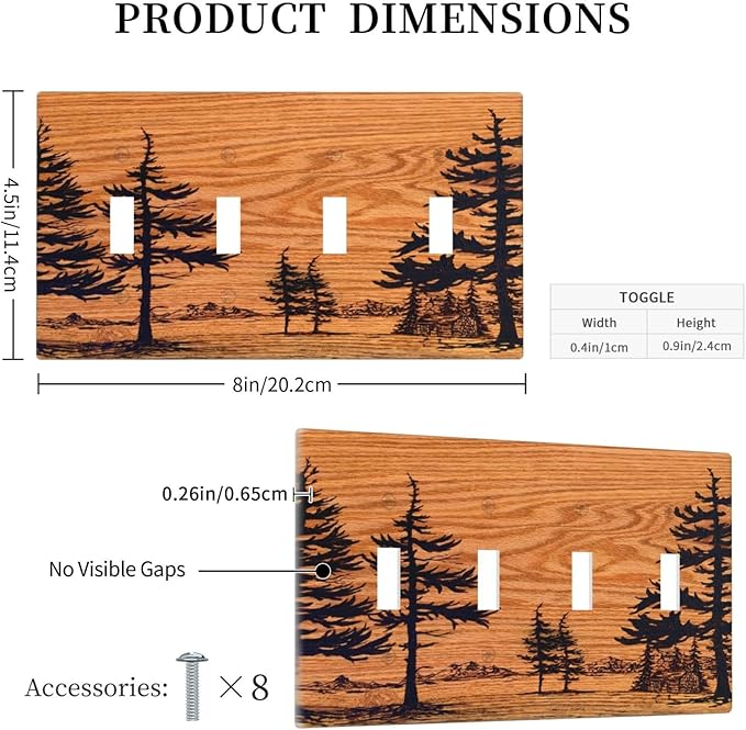 Pine Forest Natural Scenery Silhouette Wood Grain Light Switch Covers Quad Toggle Electrical Faceplate 4 Gang Wall Plate Decorative Switch Plates Cover for Farmhouse Home Decor