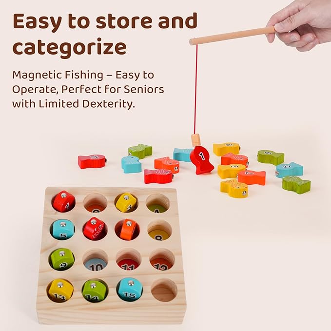 Dementia Therapy Wooden Magnetic Fishing Game for Seniors - Alzheimer's Cognitive Activities & Memory Recall Tools, Fine Motor Skill Training for Elderly Patients