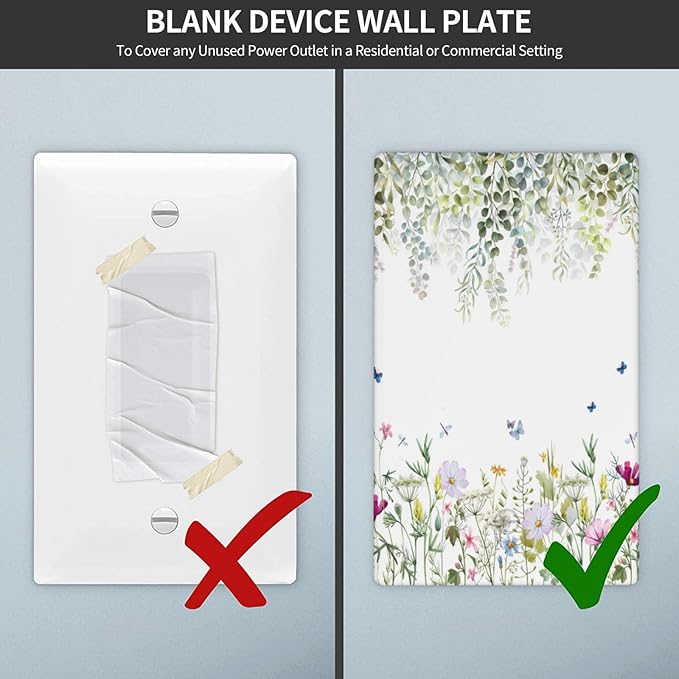 Green Floral Leaves Light Switch Cover Decorative Wild Flower Single Blank Wall Plate Electrical Switchplate Faceplate for Bathroom Kitchen Bedroom