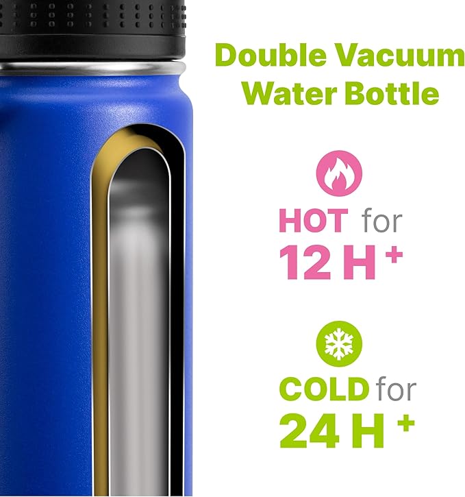 Kids Insulated Water Bottle-12 oz Stainless Steel Sports Water Bottle Wide Mouth with Leakproof Spout Lid-Gift for Boy, 2 Pack (Navy-Grass Green)