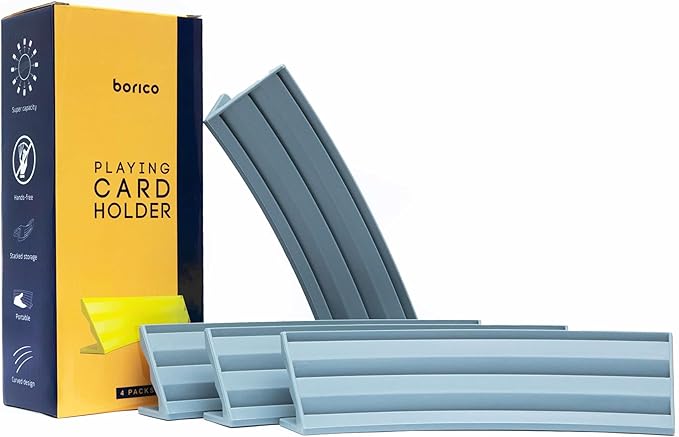 BORICO Card Holders for Playing Cards - 4 Pack Playing Card Holder for Kids and Adults,Stackable Storage Game Card Tray for Arthritis Patients with a Travel Pouch (Gray)