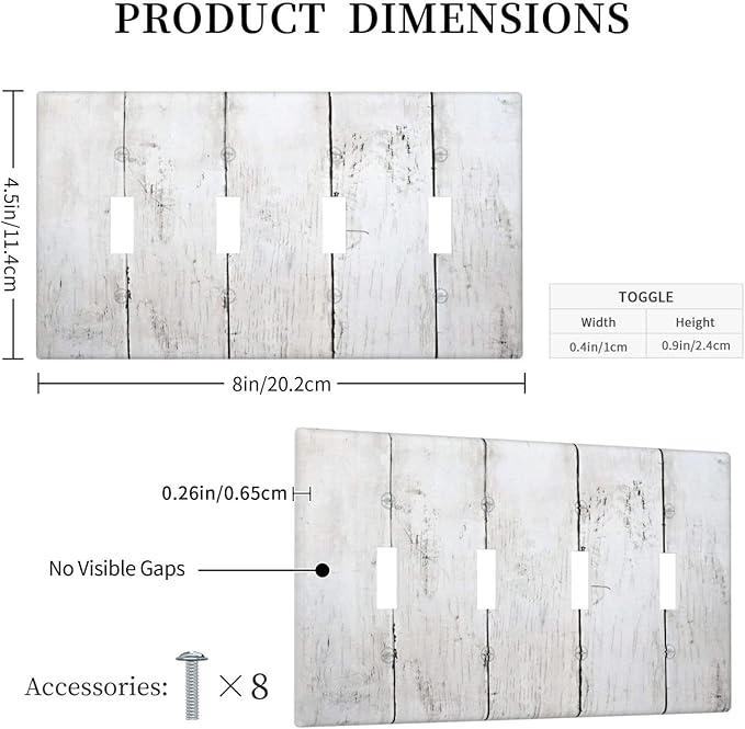 Modern Rustic Wood White Oak Print Light Switch Covers Quad Toggle Electrical Faceplate 4 Gang Wall Plate Decorative Switch Plates Cover for Farmhouse Home Decor