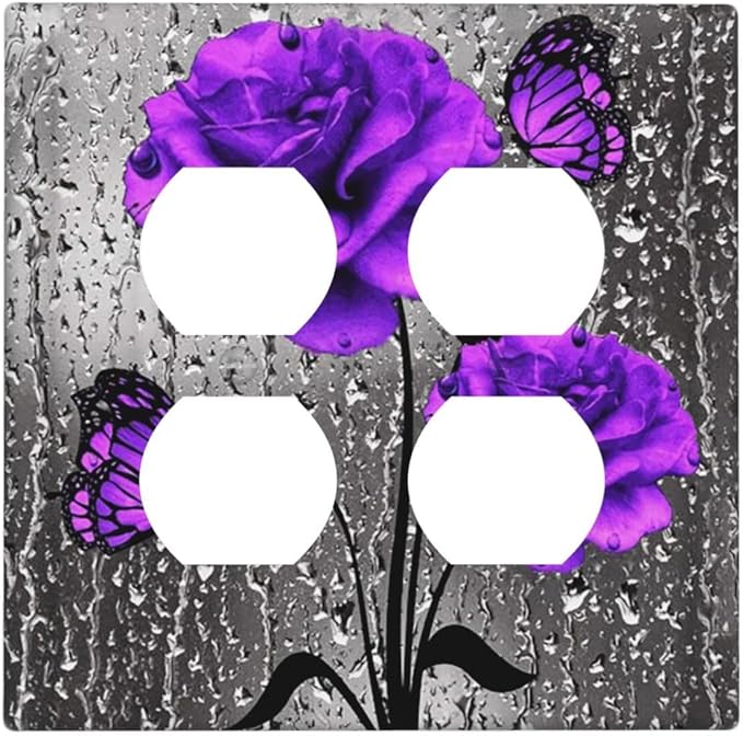 Fashion Purple Gray Blossom Flower Floral Art 2-Gang Device Duplex Wall Plate, Fashion Woman Love Grey Lady Rose Decorative Two Gang Double Duplex Receptacle Socket Outlet and Light Switch Cover Plate