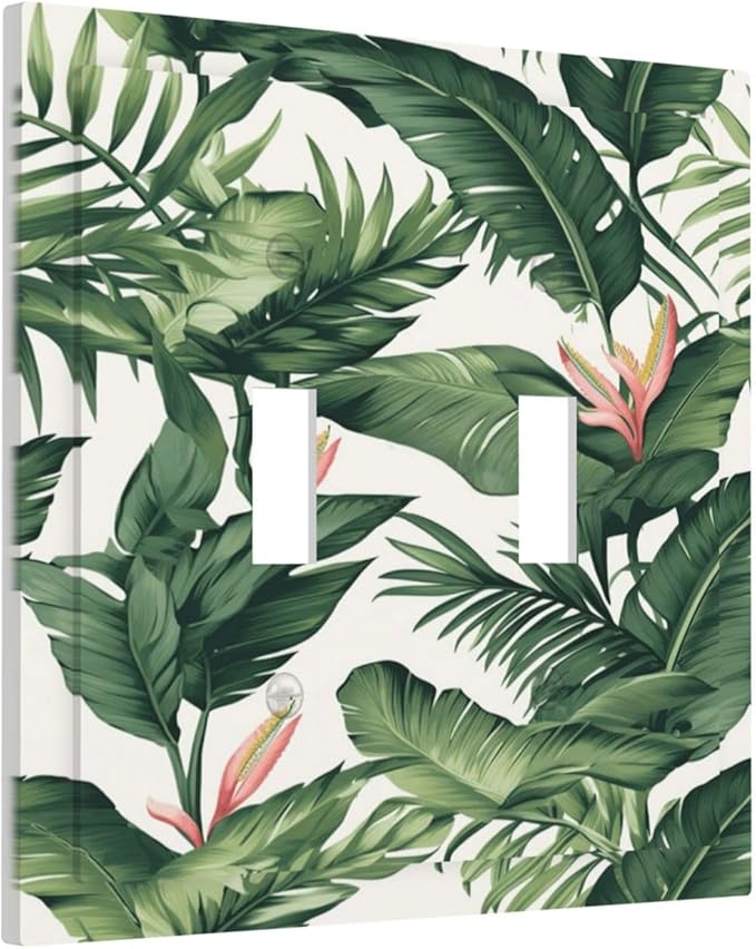 Tropical Leaf Jungle Botanical Palm Tree Greenery Floral Decorative Switch Plates 2 Gang Double Toggle Outlet Light Switch Cover Wall Plate Electrical Faceplate for Bedroom Living Room Decor