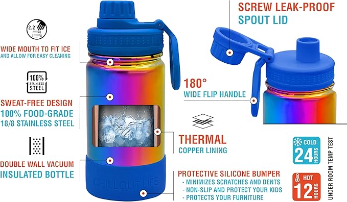 CHILLOUT LIFE 12 oz Kids Insulated Water Bottle for School with Leakproof Spout Lid and Cute Waterproof Stickers, Personalized Stainless Steel Thermos Flask Metal Water Bottle, Dishwasher Safe Color