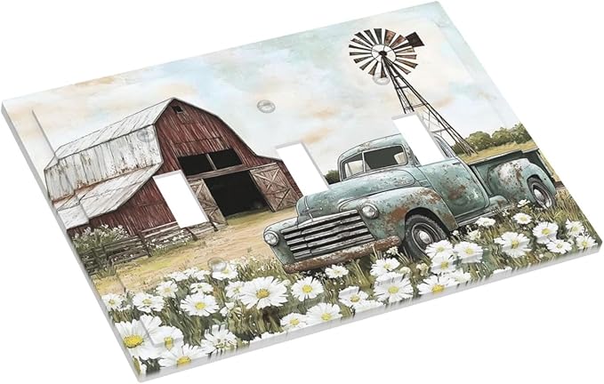 Retro Trucks Old Barn Windmill Teal Car Rustic Decorative Switch Plates 3 Gang Wall Plate Triple Toggle Light Switch Cover Faceplate Electrical Wall Panels for Farmhouse Home Decor