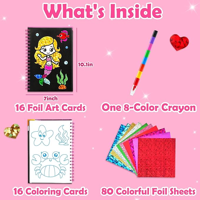FUNNYB&G Foil Art Crafts for Kids Ages 4-8: Valentines Crafts for Kids 2026,Birthday Gift for Girls,Art and Crafts Supplies,Party Favors,Creative Toys for Girls Boys 4 5 6 7 8 9 Years Old(Mermaids)