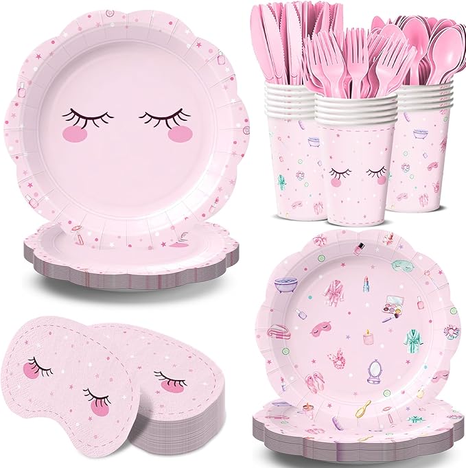 168Pcs Spa Paper Plates Napkins Pink Slumber Spa Tableware Set Sleepover Girls Makeup Birthday Party Supplies for Pajama Party Decorations Serves 24 Guests