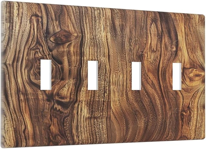 Distressed Wood Brown Wood Texture Light Switch Covers Quad Toggle Electrical Faceplate 4 Gang Wall Plate Decorative Switch Plates Cover for Farmhouse Home Decor