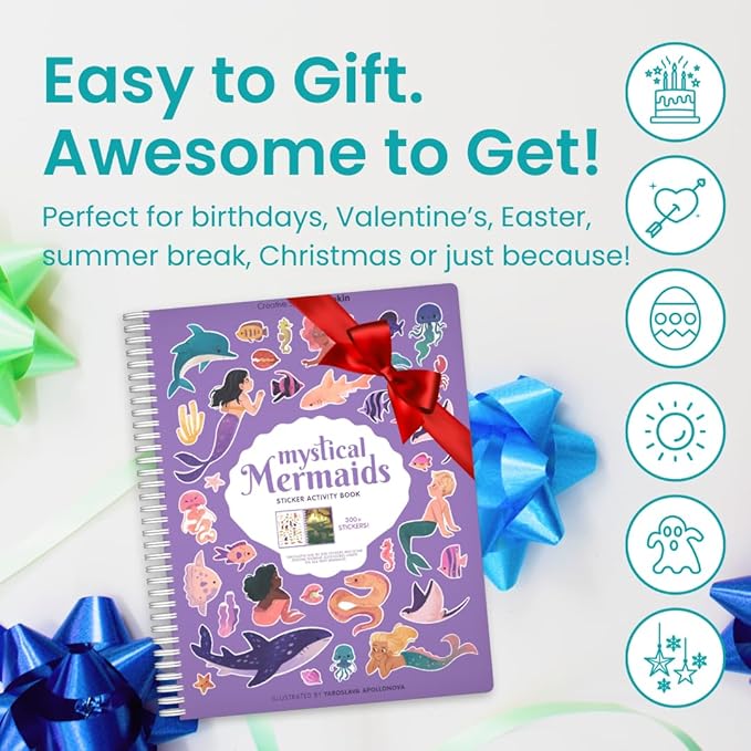 Mystical Mermaids 300+ Kids Sticker Book by Cupkin Toddler Travel Activity Coloring and Sticker Book, Road Trip Essentials, 8 Coloring Pages 8 Side by Side Scenes for Ages 2–8 Years