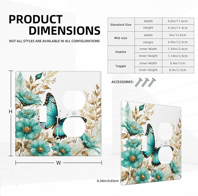 Decorative Outlet Covers Butterfly on Blue Daisy Flower Floral Golden Leaf 2 Gang Wall Plate Cover Single Toggle Duplex Combo Two Switch Light Switch Cover Plate Face Plate