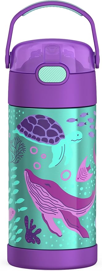 THERMOS FUNTAINER Water Bottle with Straw - 12 Ounce - Kids Stainless Steel Vacuum Insulated Water Bottle with Lid, Ocean Pals