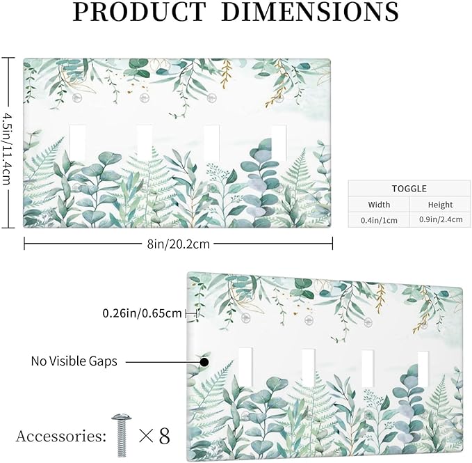 Boho Green Eucalyptus Leaf Floral Sage Flower Light Switch Covers Quad Toggle Electrical Faceplate 4 Gang Wall Plate Decorative Switch Plates Cover for Bedroom Living Room Decor