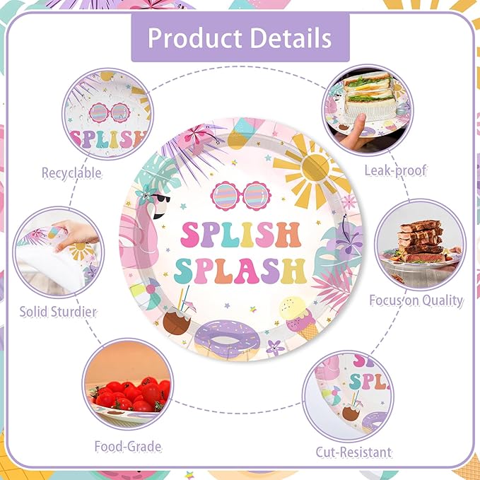 MEHOFOND Splish Splash Birthday Party Supplies Tableware Set 193 Pcs, Summer Pool Party Disposable Plates Cups Napkins Cutlery with Plastic Tablecloth for Girls Tropical Birthday Party