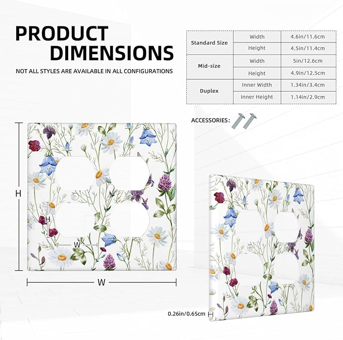 Floral Boho Multicolor Flower Plant Leaves Outlet Covers 2 Gang Double Duplex Decorative Light Switch Covers Electrical Wallplates Socket Faceplate for Bedroom Living Room Decor