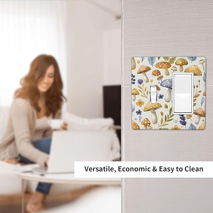 Boho Watercolor Mushroom Flowers Leaf Colorful Floral Outlet Covers 1 Toggle 1 Rocker Combination Decorative Wall Plate Electrical Switch Plates Light Switch Cover Plate for Kids Room Nursery Decor