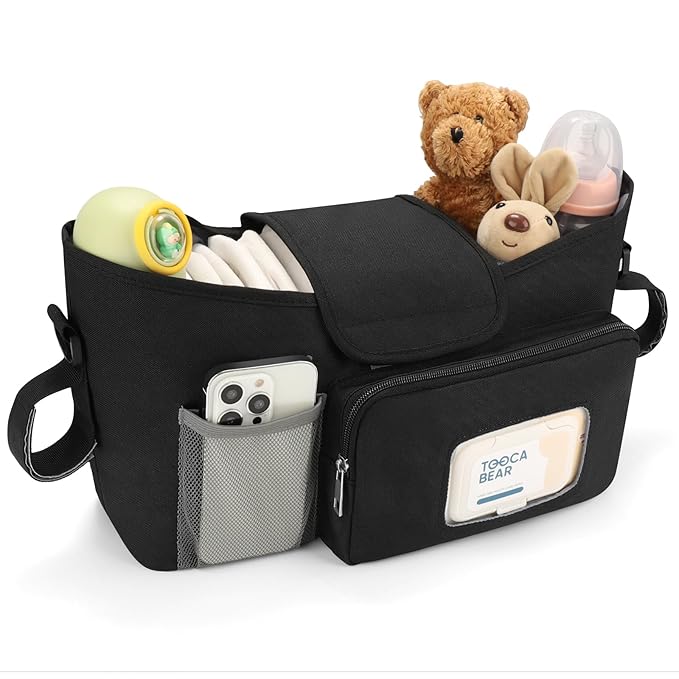 Accmor Universal Stroller Organizer with Insulated Cup Holder, Stroller Caddy Bag Accessories, Stroller Cup Holder Organizer for Uppababy Baby Jogger Britax Stroller, Black