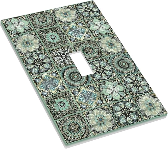 Moroccan Mandala Tile Floral Talavera Tiles Decorative Light Switch Cover 1 Gang Single Toggle Device Electrical Faceplate Switchplates Decorator Outlet Wall Plate for Bathroom Kitchen Decor