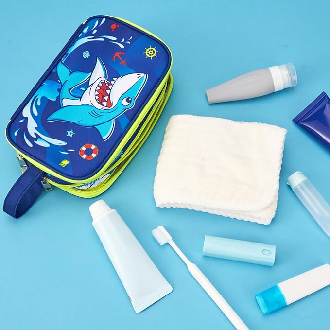 Shark Toiletry Bag - Kids Toiletry Bag for Boys Christmas Birthday Gift Camping Travel Toiletry Case Toiletries Makeup Cosmetic Pouch Pink Water-resistant Wash Bag Dopp Kit with Mesh Pocket