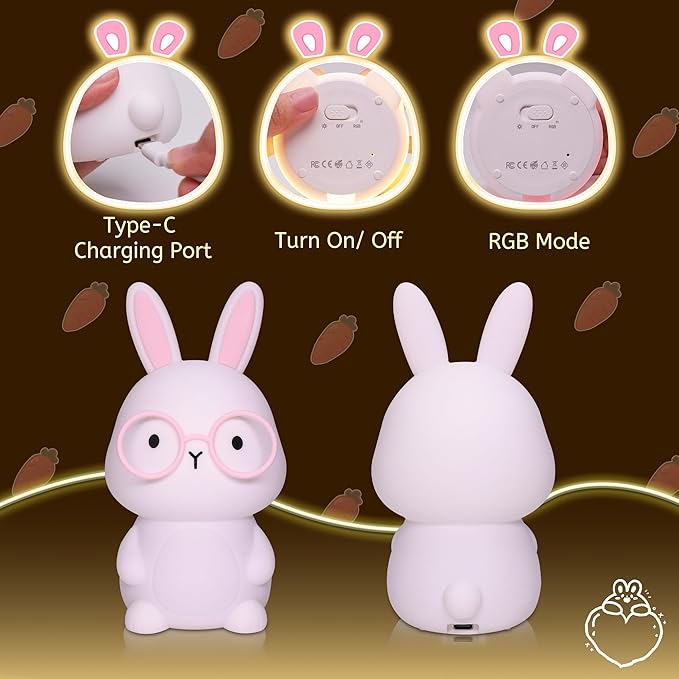 YuanDian Bunny Night Light with 8 Color Lights, Gift for Adults Teens and Babies, Decorate Kids' Bedroom with Cute Silicone Rabbit Nightlights, Animal Lamp Gift for Children and Toddlers