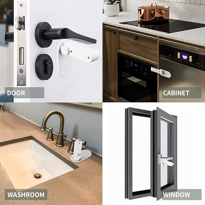 Childproof Door Lever Lock Prevents Toddlers Pets from Opening Doors, No Drill Tool Needed Easy to Instal, Child Safety Locks for Doors, Windows, washrooms (White, Pack, 4)