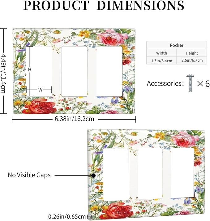 Decorative Outlet Covers Rustic Red Flower Garden Floral 3 Gang Light Switch Cover Plate Triple Rocker Wall Plates for Electrical Outlets Switch Plate Covers for Country Home Decor