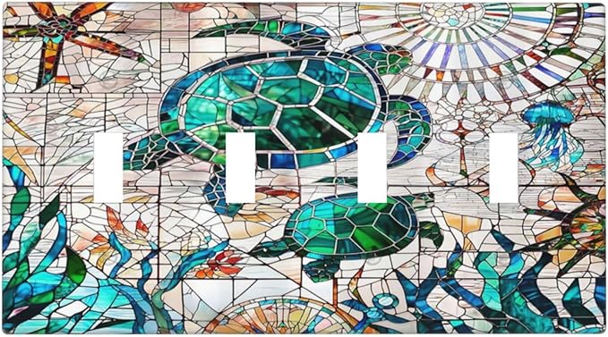 Hawaii Nautical Beach Decorative 4-Gang Quad Toggle Light Switch Wall Plate Cover, Sea Green/Blue Ocean Turtle Mosaic Ceramics Quadruple Toggle Device Switches Wall Plate Outlet Covers Standard Size