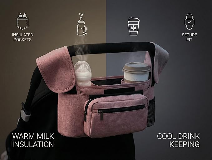 Stroller Organizer with Insulated Cup Holders - Universal Pink Baby Stroller Bag Caddy with Detachable Phone Pocket, Diaper Storage, Adjustable Straps for Uppababy, Doona, Baby Jogger, Britax