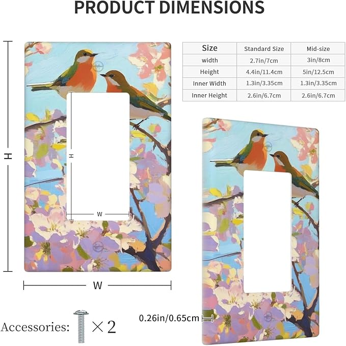Bird Flower Single Rocker Wall Plate Decorative 1 Gang Light Switch Covers Electrical Switchplate Home Decorate Faceplat for Bathroom Bedroom Kitchen Room 4.5 x 2.76 Inch
