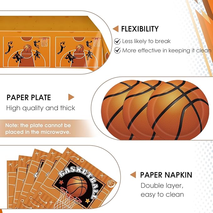 41Pcs Basketball Theme Birthday Party Decorations Basketball Party Supplies Tableware Set Basketball Paper Plates,Napkins,Tablecloth丨Kids and Adults Basketball Sports Birthday Party Decor,Serves 20