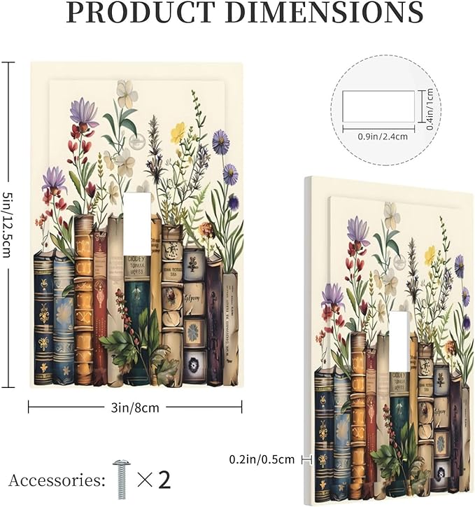 Plant Floral Books Colorful Flower Decorative Light Switch Cover 1 Gang Single Toggle Device Electrical Faceplate Switchplates Decorator Outlet Wall Plate for Kids Room Bedroom Decor