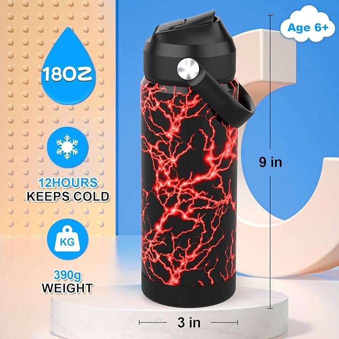 Boys Girls Water Bottle with Straw,18 oz Kids Insulated Cups with Stainless Steel Leak Proof for School,Sport&Travel（Lightning-Red）