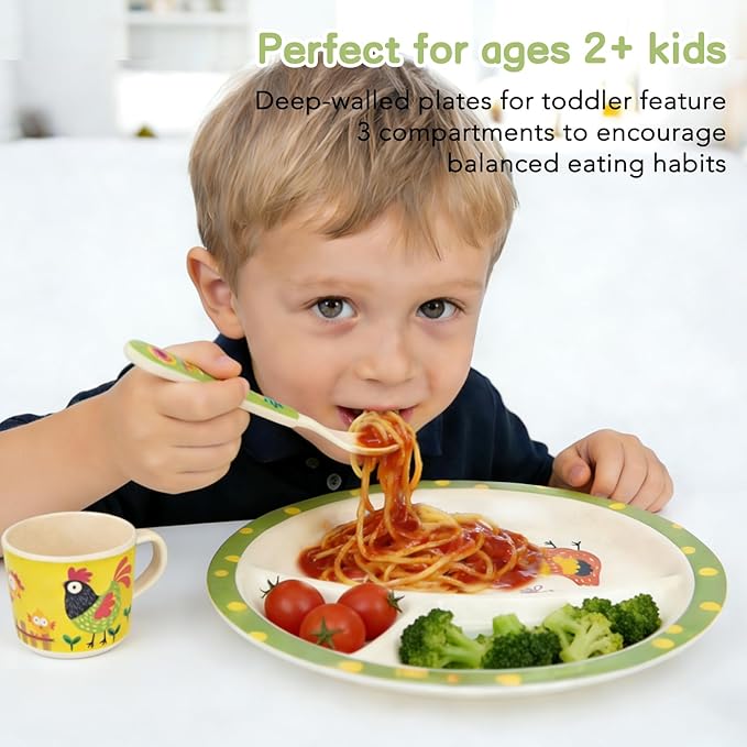 Kids Dinnerware Set, 5-Piece Mealtime Tableware for Children & Toddlers – Includes Divided Plate, Bowl, Cup, Fork & Spoon – Natural Bamboo Fiber, BPA-Free, Dishwasher Safe (Chicken Family)
