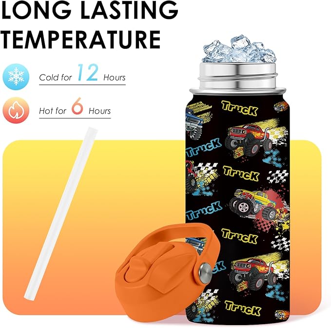Truck Gifts for Kids, 16oz Monster Truck Water Bottle with Straw Lid, BPA-Free, Leak Proof Stainless Steel Insulated Bottle for Boys, Girls, School - Trucks Lovers Children Birthday Gifts Cup (1pc)