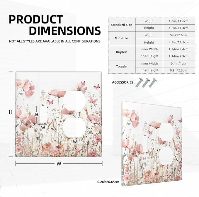 Boho Floral Watercolor Pink Wildflower Butterfly Wallplates 1 Toggle 1 Duplex Switch Plate Electrical GFCI Faceplate Decorative Light Switch Covers for Bedroom Living Room Decor