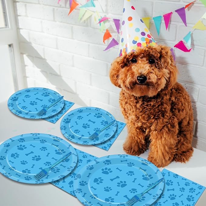 96pcs Dog Paw Prints Party Plates Napkins Dog Paw and Bone Sign Tableware Puppy Pawty Print Dinnerware Disposable Paper Plates for Kids Boy Girl Lets Pawty Birthday Baby Shower Party supplie 24 Guests